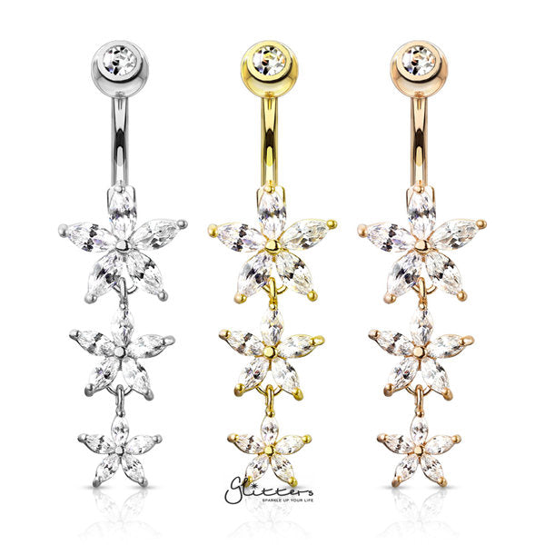 316L Surgical Steel Gemmed Top Belly Button Navel Ring with Dangle Triple Marquise CZ Flowers-Belly Ring, Body Piercing Jewellery-BJ0306-01-Glitters
