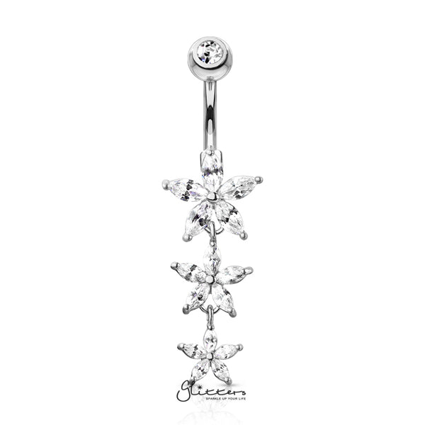 316L Surgical Steel Gemmed Top Belly Button Navel Ring with Dangle Triple Marquise CZ Flowers-Belly Ring, Body Piercing Jewellery-BJ0306-C-Glitters