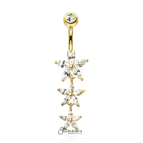 316L Surgical Steel Gemmed Top Belly Button Navel Ring with Dangle Triple Marquise CZ Flowers-Belly Ring, Body Piercing Jewellery-BJ0306-G-Glitters