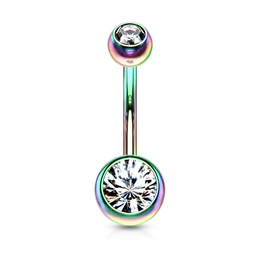 Rainbow Colour Double Gem Belly Ring-Belly Ring, Body Piercing Jewellery, New-BJ0359-M-Glitters