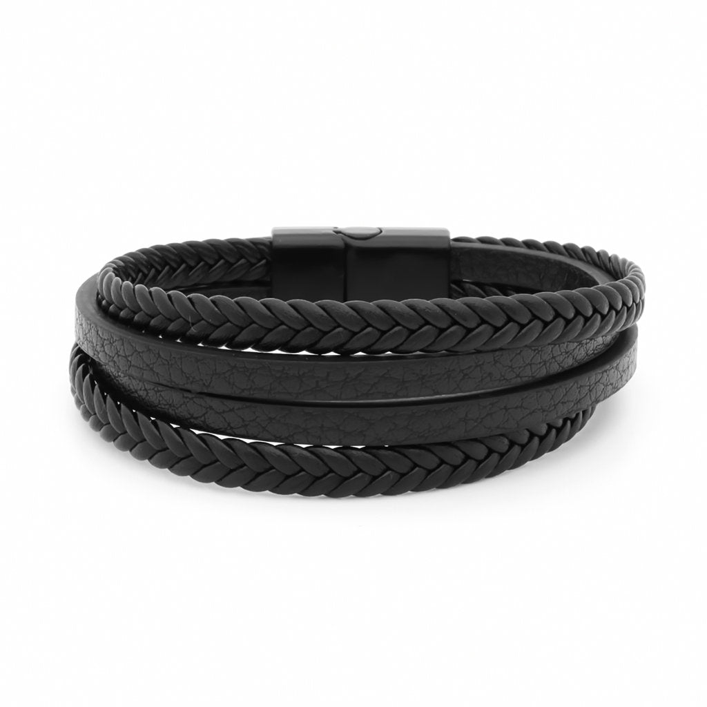 Braided Black Multilayer Leather Bracelet with Magnetic Clasp-Bracelets, Jewellery, leather bracelet, Men's Bracelet, Men's Jewellery-Bcl0216-1_1-Glitters