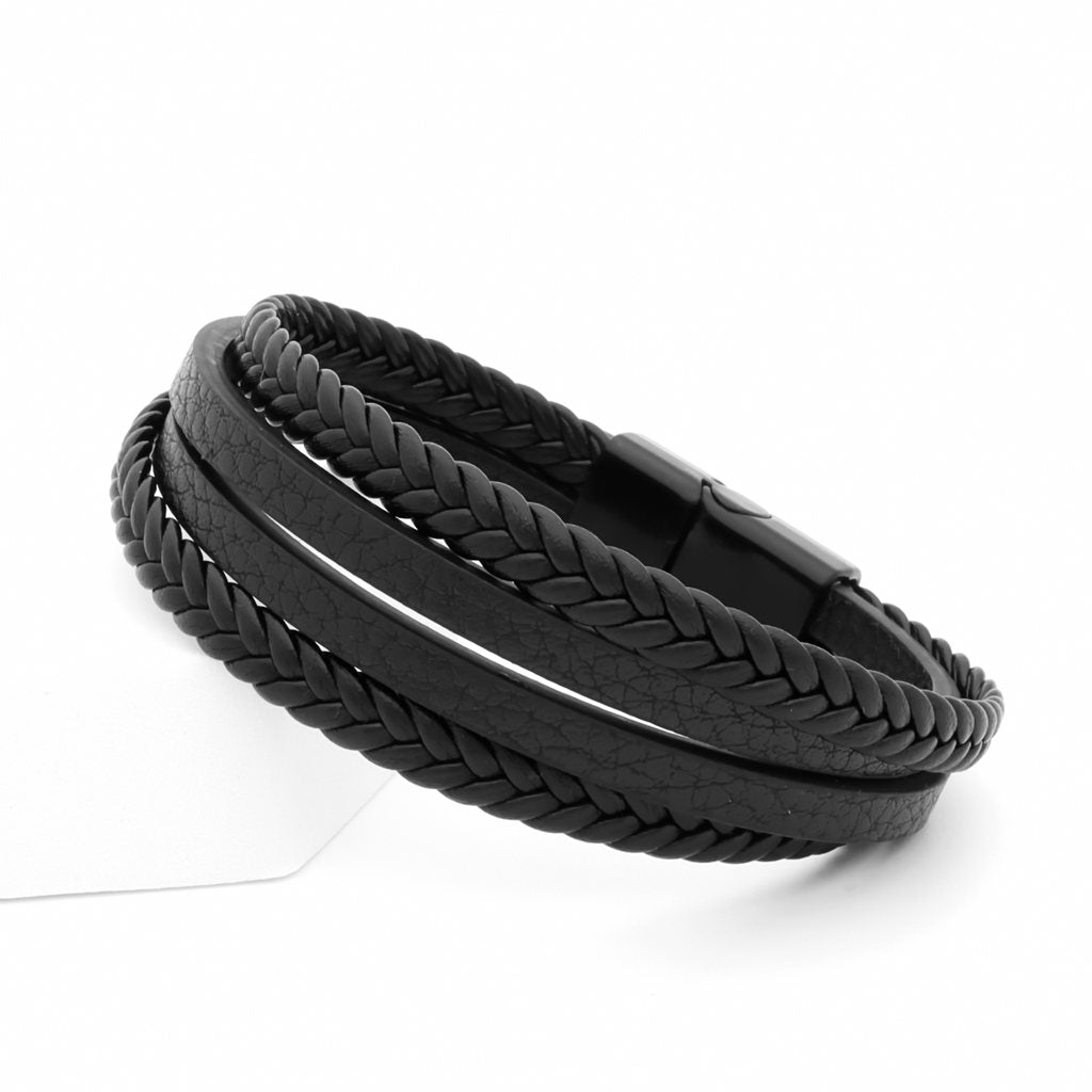 Braided Black Multilayer Leather Bracelet with Magnetic Clasp-Bracelets, Jewellery, leather bracelet, Men's Bracelet, Men's Jewellery-Bcl0216-2_1-Glitters
