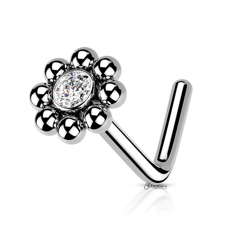 Beaded Ball Edge with CZ Center L Bend Nose Stud Ring - Silver-Body Piercing Jewellery, Cubic Zirconia, L Bend, Nose Piercing Jewellery, Nose Studs-BeadedBallEdgewithCZCenterTopLBendNoseStud-NS0129-S-Glitters