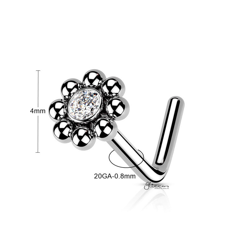 Beaded Ball Edge with CZ Center L Bend Nose Stud Ring - Silver-Body Piercing Jewellery, Cubic Zirconia, L Bend, Nose Piercing Jewellery, Nose Studs-BeadedBallEdgewithCZCenterTopLBendNoseStud-NS0129s-Size_800-Glitters