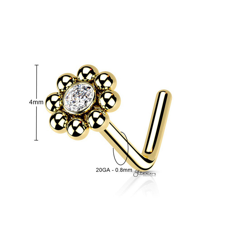 Beaded Ball Edge with CZ Center L Bend Nose Stud Ring - Gold-Body Piercing Jewellery, Cubic Zirconia, L Bend, Nose Piercing Jewellery, Nose Studs-BeadedBallEdgewithCZCenterTopLBendNoseStud-ns0129g-size_800-Glitters