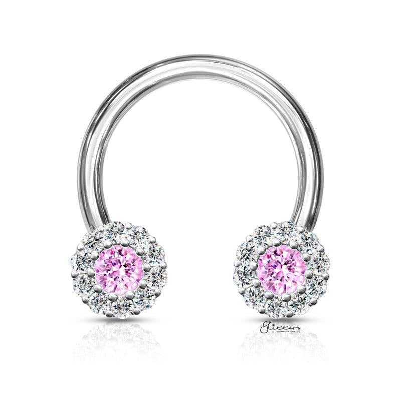 Surgical Steel Front Facing CZ Daisy Ends Horseshoes Barbell - Pink-Body Piercing Jewellery, Cubic Zirconia, Horseshoe, Septum Ring, Tragus-CP0020-P800-Glitters