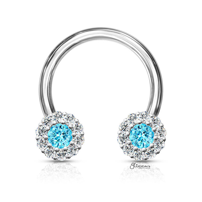 Surgical Steel Front Facing CZ Daisy Ends Horseshoes Barbell - Aqua-Body Piercing Jewellery, Cubic Zirconia, Horseshoe, Septum Ring, Tragus-CP0020-Q600-Glitters