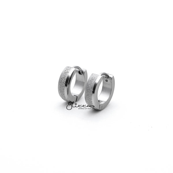 Stainless Steel Sand Sparkle Center Hinged Earrings with Beveled Edges (4x9) - Silver-earrings, Hoop Earrings, Huggie Earrings, Jewellery, Men's Earrings, Men's Jewellery, Stainless Steel, Women's Earrings, Women's Jewellery-ER0121_SSC_01-Glitters