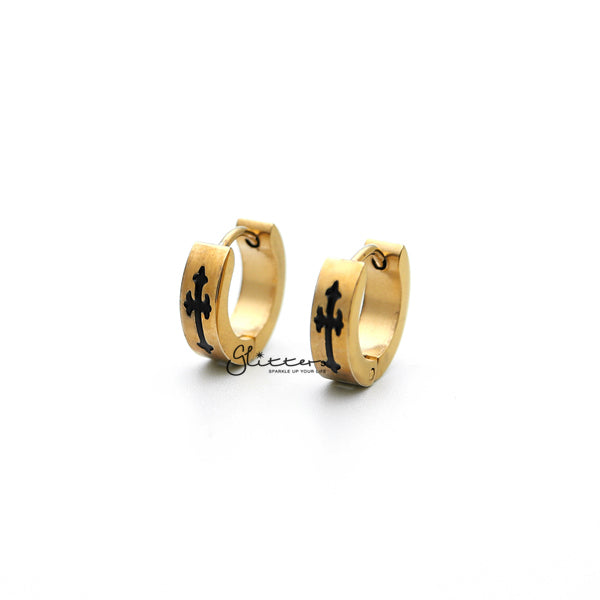18K Gold IP Stainless Steel Huggie Hoop Earrings with Black Cross-earrings, Hoop Earrings, Huggie Earrings, Jewellery, Men's Earrings, Men's Jewellery, Stainless Steel-ER0122_BC_01-Glitters