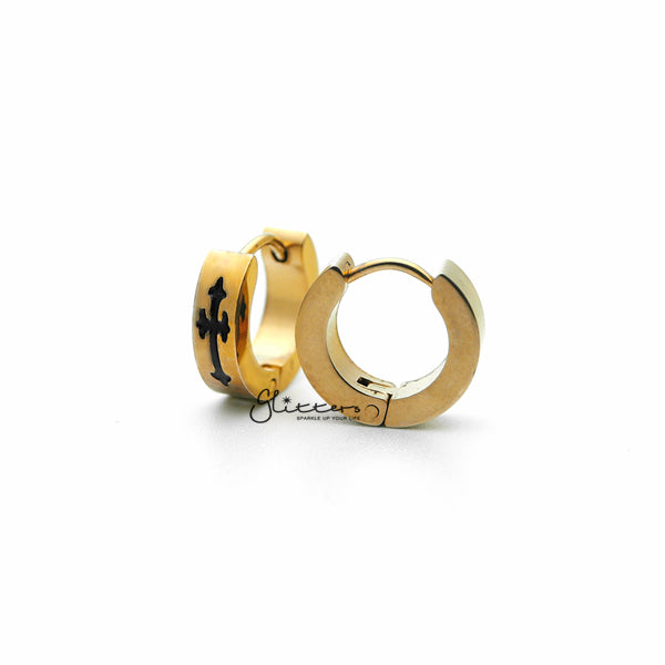 18K Gold IP Stainless Steel Huggie Hoop Earrings with Black Cross-earrings, Hoop Earrings, Huggie Earrings, Jewellery, Men's Earrings, Men's Jewellery, Stainless Steel-ER0122_BC_02-Glitters