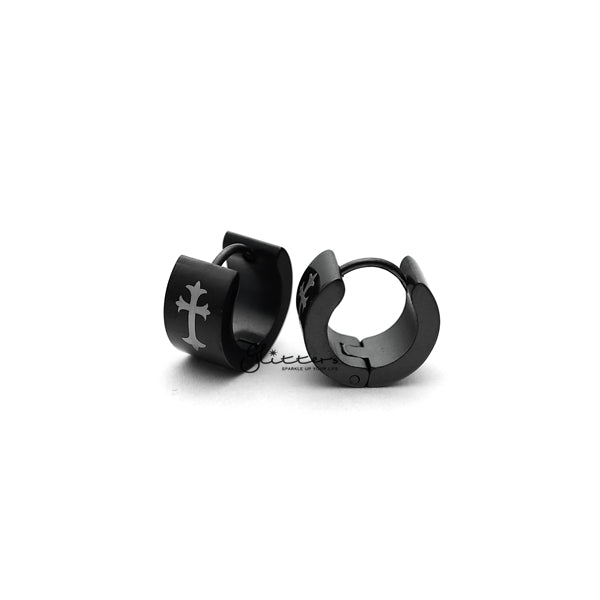 Black Titanium IP Stainless Steel Cross Huggie Hoop Earrings-earrings, Hoop Earrings, Huggie Earrings, Jewellery, Men's Earrings, Men's Jewellery, Stainless Steel-ER0122_Cross_K02-Glitters