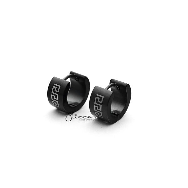 Black Titanium IP Stainless Steel Greek Key Huggie Hoop Earrings-earrings, Hoop Earrings, Huggie Earrings, Jewellery, Men's Earrings, Men's Jewellery, Stainless Steel-ER0122_GreekKey_K01-Glitters