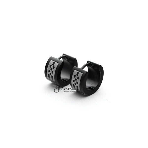 Black Titanium IP Stainless Steel Checkerboard Huggie Hoop Earrings-earrings, Hoop Earrings, Huggie Earrings, Jewellery, Men's Earrings, Men's Jewellery, Stainless Steel-ER0122_checkerboard_K01-Glitters