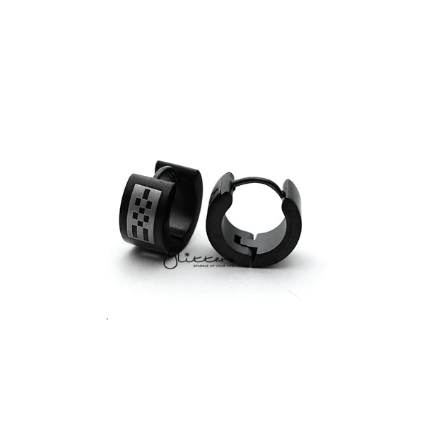 Black Titanium IP Stainless Steel Checkerboard Huggie Hoop Earrings-earrings, Hoop Earrings, Huggie Earrings, Jewellery, Men's Earrings, Men's Jewellery, Stainless Steel-ER0122_checkerboard_K02-Glitters