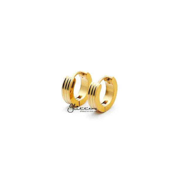 Stainless Steel Hinged Hoop Earrings with Grooves Carved Center - Gold-earrings, Hoop Earrings, Huggie Earrings, Jewellery, Men's Earrings, Men's Jewellery, Stainless Steel, Women's Earrings, Women's Jewellery-ER0304_Grooves_Carved_G01-Glitters