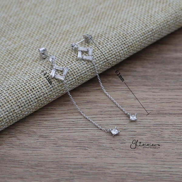 Square Cubic Zirconia Sterling Silver Post Stud Earrings with Drop Chain C.Z-Cubic Zirconia, earrings, Jewellery, Sterling Silver Post, Stud Earrings, Women's Earrings, Women's Jewellery-ER1463_02_New-Glitters