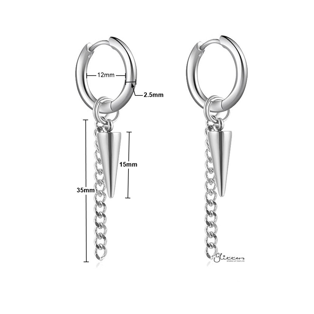 Stainless Steel Drop Spike with Chain Huggie Hoop Earrings - Silver-Chain Earring, earrings, Hoop Earrings, Huggie Earrings, Jewellery, Men's Earrings, Men's Jewellery, Stainless Steel, Women's Earrings-ER1475-S-1_New_a4b60740-cc03-447c-b2d8-33577bb9086f-Glitters