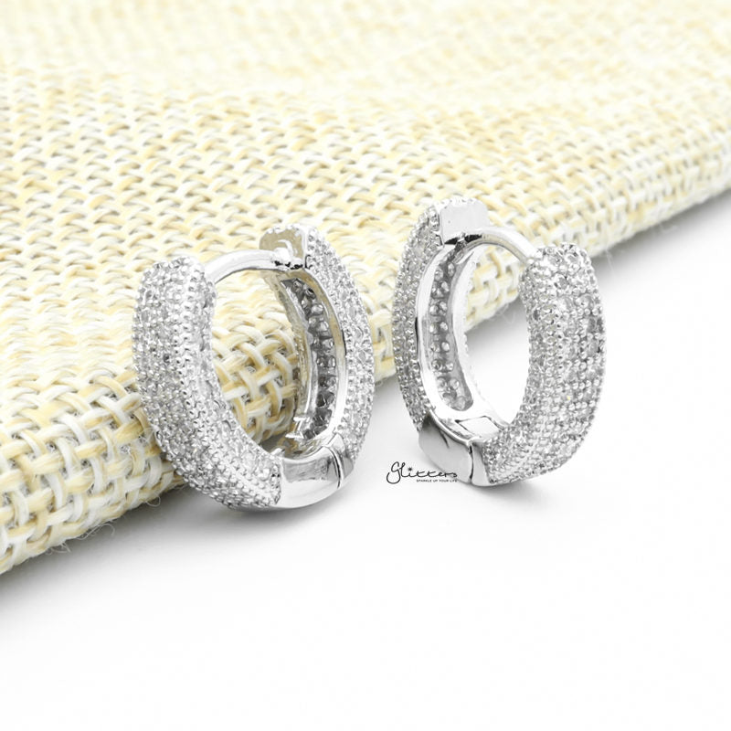 Iced Out One-Touch Huggie Hoop Earrings - Silver-Cubic Zirconia, earrings, Hip Hop Earrings, Hoop Earrings, Iced Out, Jewellery, Men's Earrings, Men's Jewellery, Women's Earrings, Women's Jewellery-ER1539S1_1-Glitters