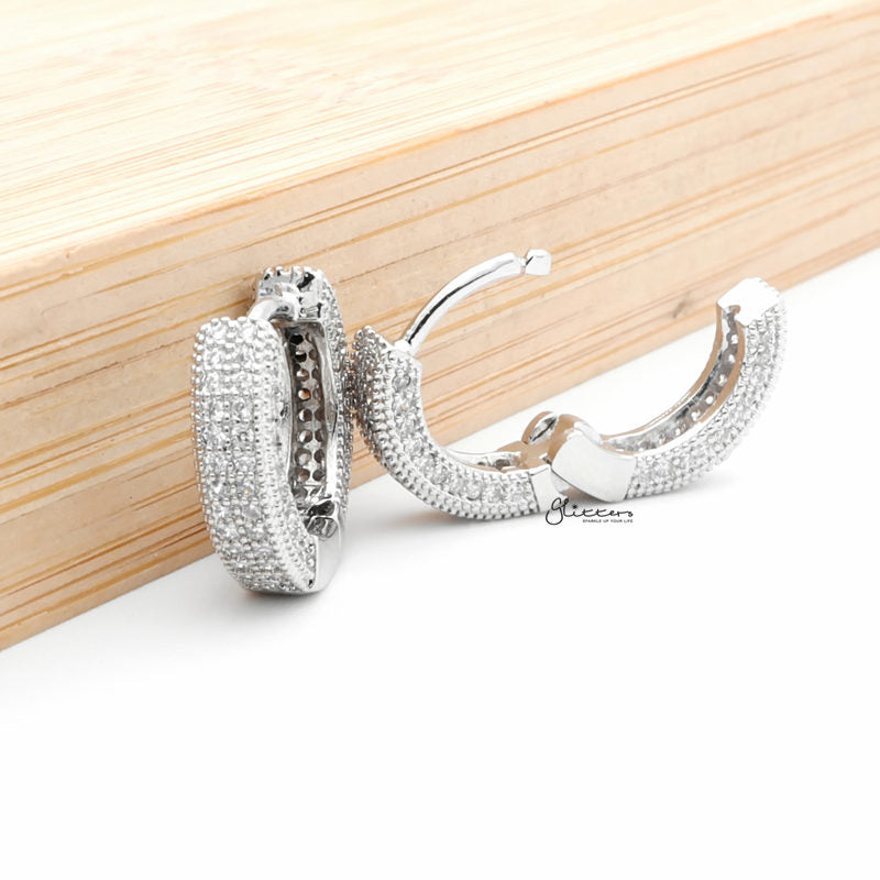 Iced Out One-Touch Huggie Hoop Earrings - Silver-Cubic Zirconia, earrings, Hip Hop Earrings, Hoop Earrings, Iced Out, Jewellery, Men's Earrings, Men's Jewellery, Women's Earrings, Women's Jewellery-ER1539S3_1-Glitters