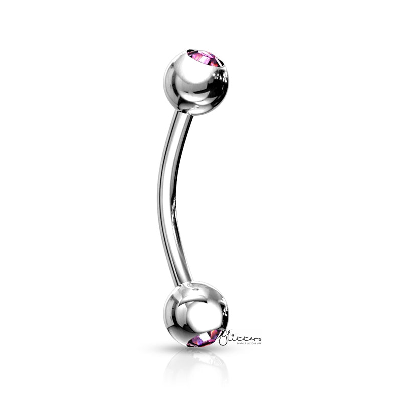 Press Fit Gem Ball On Both Side Curved Barbell - Pink-Body Piercing Jewellery, Cubic Zirconia, Daith, Eyebrow-Eb0007-Pink-Glitters