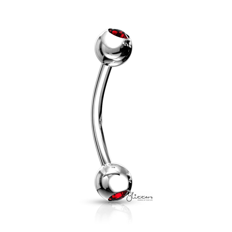 Press Fit Gem Ball On Both Side Curved Barbell - Red-Body Piercing Jewellery, Cubic Zirconia, Daith, Eyebrow-Eb0007-red-Glitters