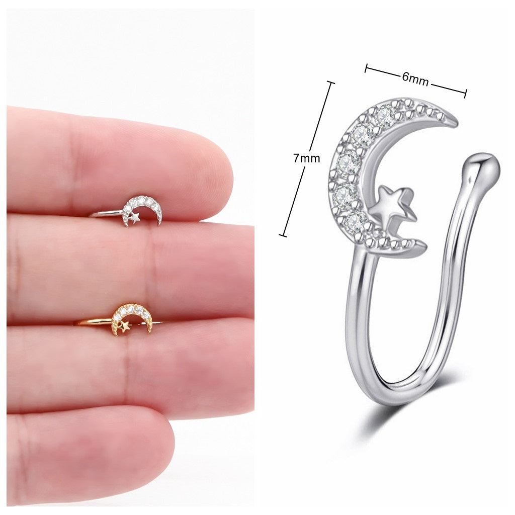 Crescent Moon and Star Non Piercing Fake Nose Ring-Body Piercing Jewellery, Cubic Zirconia, Non-Pierced, Nose Piercing Jewellery, Nose Ring, Nose Studs-FNS07-H_2_New-Glitters