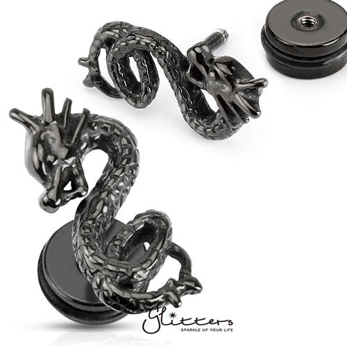 Black Titanium Ion Plated Over Stainless Steel Dragon Fake Plug-Body Piercing Jewellery, earrings, Fake Plug, Jewellery, Men's Earrings, Men's Jewellery-FP0003-Dr-Glitters
