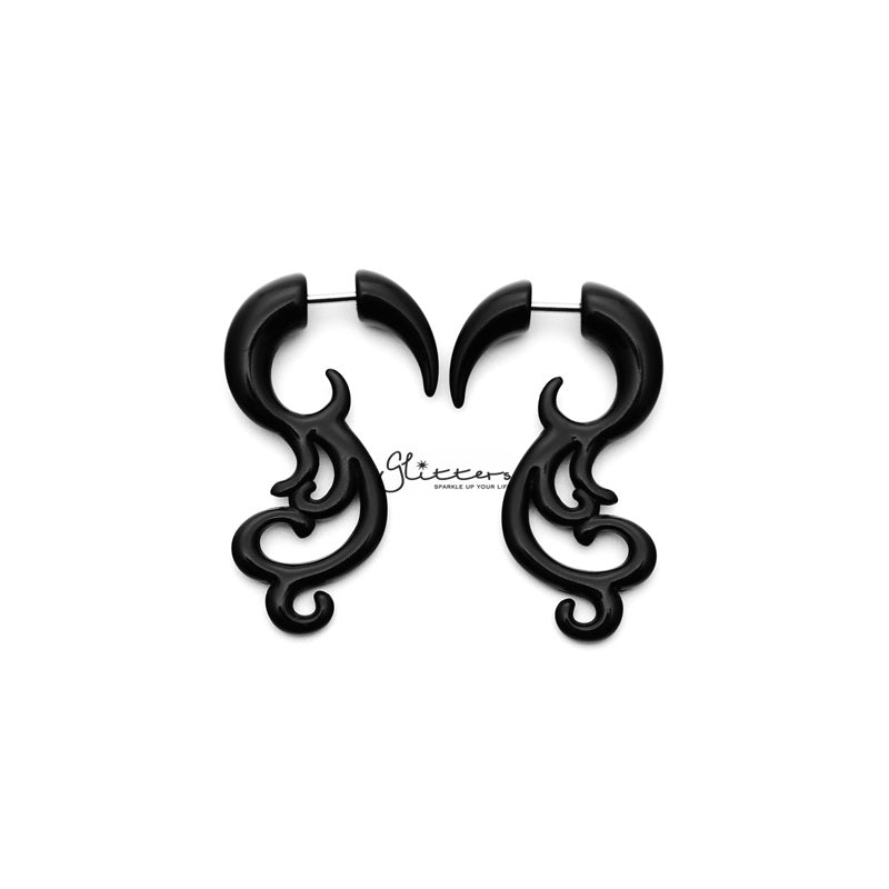 Black Acrylic Tribal Floral Fake Ear Expander Tapers-Body Piercing Jewellery, earrings, Fake Plug-FP0010_D2_800-01-Glitters