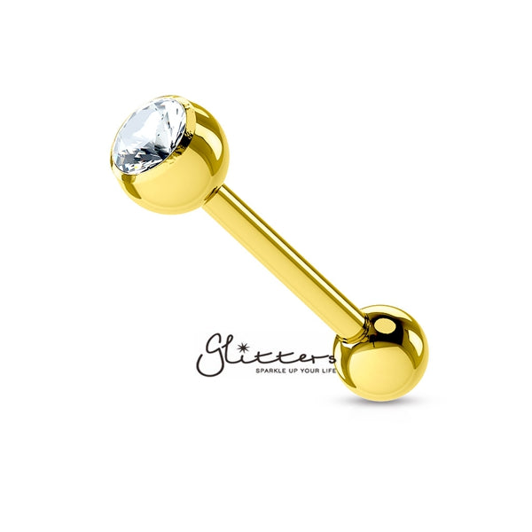 18K Gold I.P Over Surgical Steel Tongue Bar with Single Clear Crystal-Body Piercing Jewellery, Crystal, Tongue Bar-GDPB03-1416-C-2-Glitters