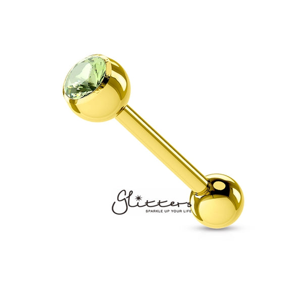 18K Gold I.P Over Surgical Steel Tongue Bar with Single Green Crystal-Body Piercing Jewellery, Crystal, Tongue Bar-GDPB03-1416-G-3-Glitters