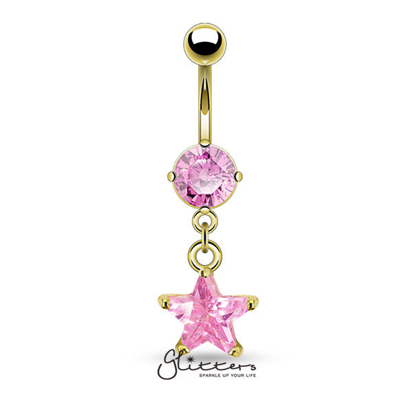 14kt Gold Ion Plated Pink Star Shaped Cubic Zirconia Dangle Belly Button Ring-Belly Ring, Body Piercing Jewellery, Cubic Zirconia-GDPN1003-P-1-Glitters