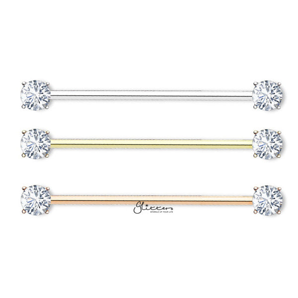 14GA Surgical Steel Round C.Z Prong Set Ends Industrial Barbells-Body Piercing Jewellery, Cubic Zirconia, Industrial Barbell-IB0002-2DIA_600-Glitters