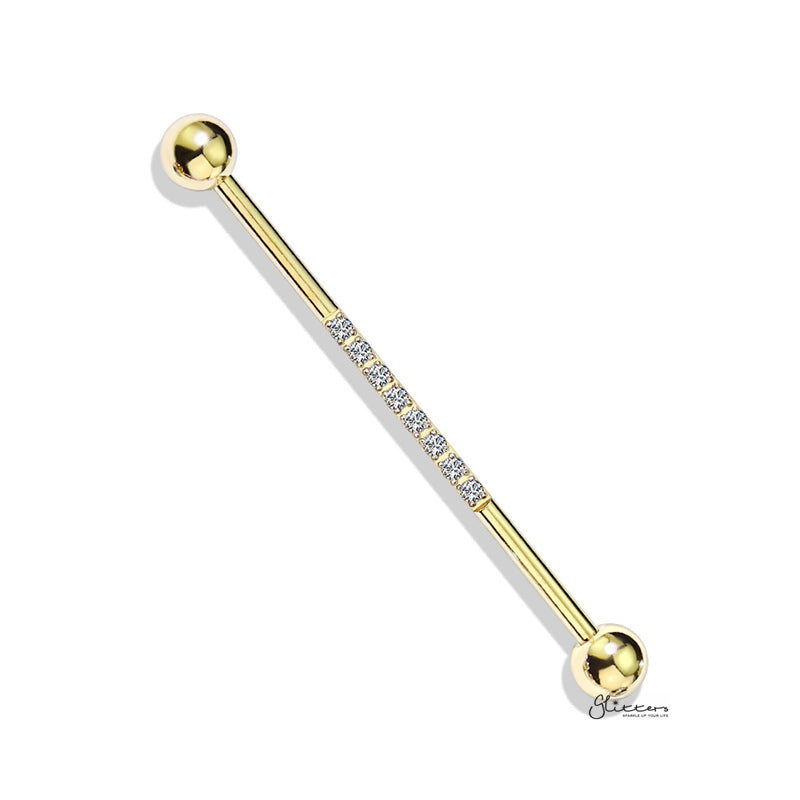 CNC Set Lined CZ Industrial Barbell - Gold-Body Piercing Jewellery, Cubic Zirconia, Industrial Barbell-IB0003-CZLINE-G-Glitters