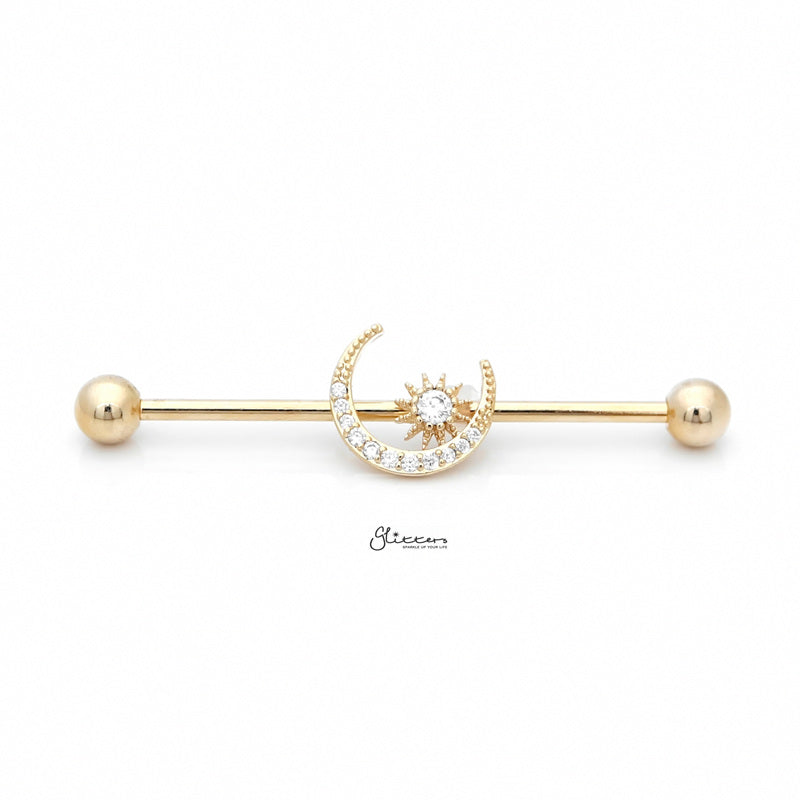 C.Z Paved Moon and Star Industrial Barbell - Gold-Body Piercing Jewellery, Cubic Zirconia, Industrial Barbell-IB0036-G-1_800-Glitters