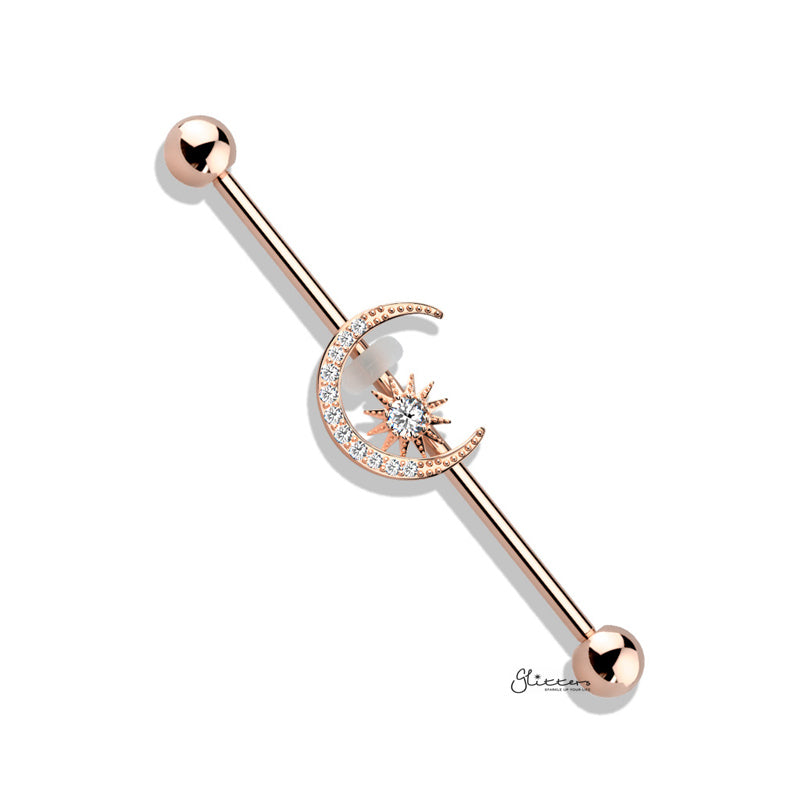 C.Z Paved Moon and Star Industrial Barbell - Rose Gold-Body Piercing Jewellery, Cubic Zirconia, Industrial Barbell-IB0036-RG_1-Glitters