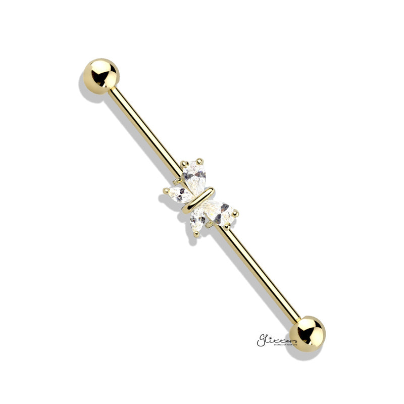 CZ Butterfly Industrial Barbell - Gold-Body Piercing Jewellery, Cubic Zirconia, Industrial Barbell-IB00392-Glitters