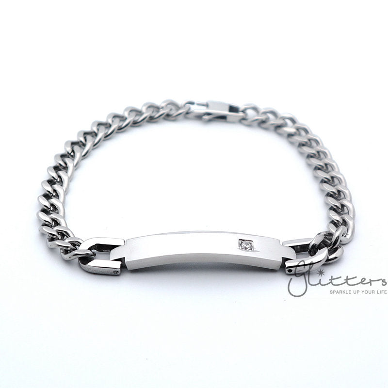 Stainless Steel Men's ID Bracelet with A Cubic Zirconia Stone + Engraving-Engraved Bracelet, Engraving, Personalized-IMG_1165_22623772-c668-4ae8-9338-e28c7591b174-Glitters