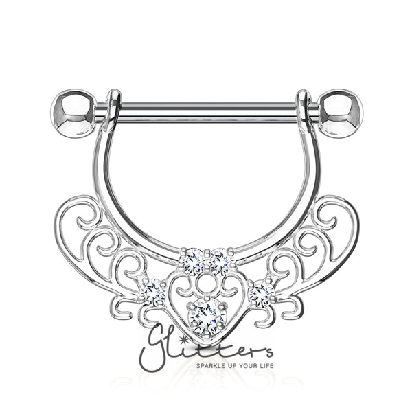 Heart Cubic Zirconia Filigree Dangle Surgical Steel Nipple Rings-Body Piercing Jewellery, Cubic Zirconia, Nipple Barbell-NB0007-1-Glitters