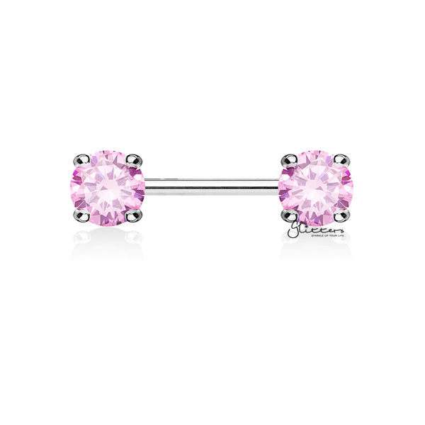 Double C.Z Front Facing Round Prong Set Nipple Bars-Body Piercing Jewellery, Cubic Zirconia, Nipple Barbell-NB0012-P-Glitters