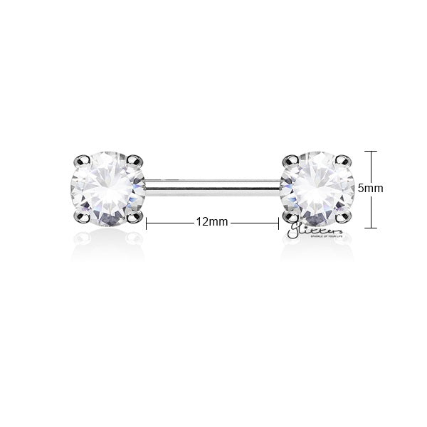 Double C.Z Front Facing Round Prong Set Nipple Bars-Body Piercing Jewellery, Cubic Zirconia, Nipple Barbell-NB0012-S_New-Glitters