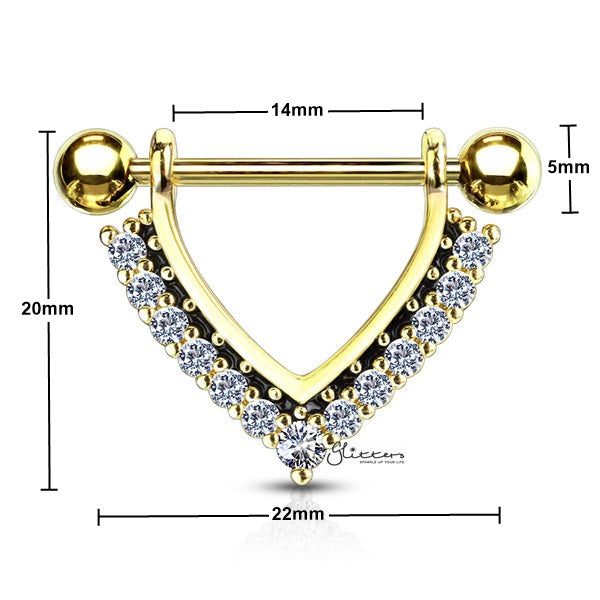 CZ Paved Black Enamel Dangle Surgical Steel Nipple Rings - Gold-Body Piercing Jewellery, Cubic Zirconia, Nipple Barbell-NB0022-G_New-Glitters