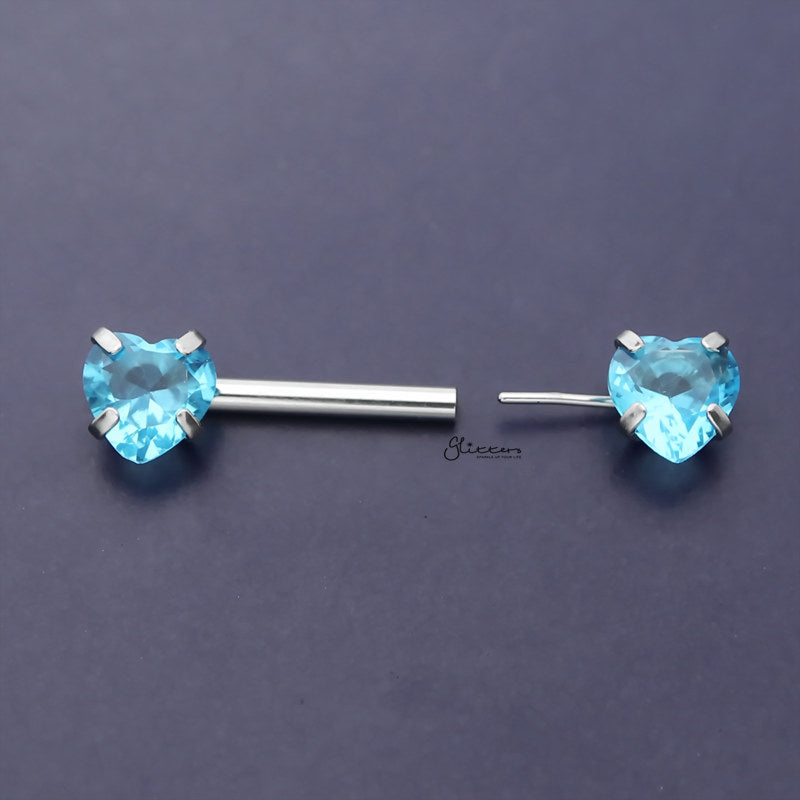 Heart CZ Ends Push in Nipple Barbell - Aqua-Body Piercing Jewellery, Cubic Zirconia, Nipple Barbell-2_800-Glitters