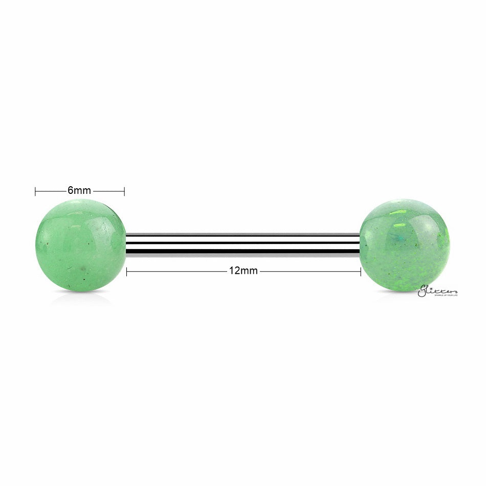 Jade Green Stone Balls Straight Barbell - Tongue | Nipple-Body Piercing Jewellery, Nipple Barbell, Tongue Bar-NB0028-g-Glitters