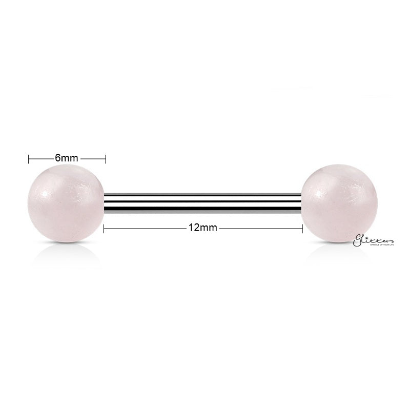 Rose Quartz Stone Balls Straight Barbell - Tongue | Nipple-Body Piercing Jewellery, Nipple Barbell, Tongue Bar-NB0028-p-Glitters