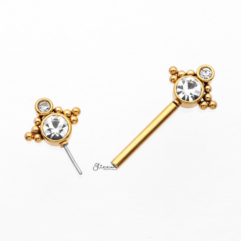Double CZ and Ball Clusters Push in Nipple Barbell - Gold-Body Piercing Jewellery, Cubic Zirconia, Nipple Barbell-NB0031-G3_800-Glitters