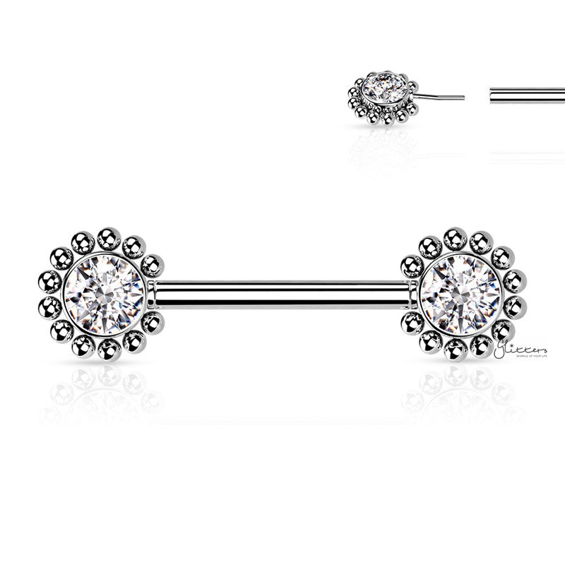 CZ and Beaded Ball Edge Push in Nipple Barbell - Clear-Body Piercing Jewellery, Cubic Zirconia, Nipple Barbell-NB0032-C-Glitters