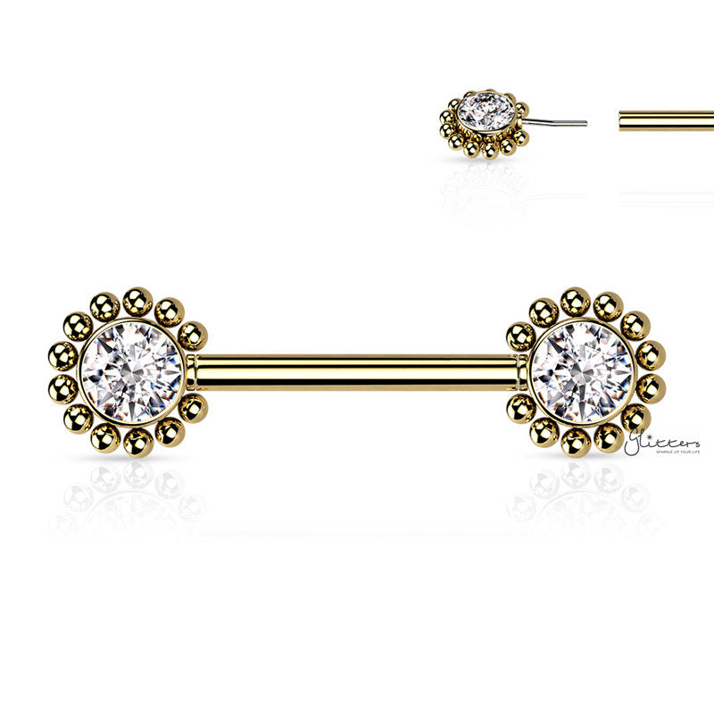 CZ and Beaded Ball Edge Push in Nipple Barbell - Gold-Body Piercing Jewellery, Cubic Zirconia, Nipple Barbell-NB0032-G-Glitters