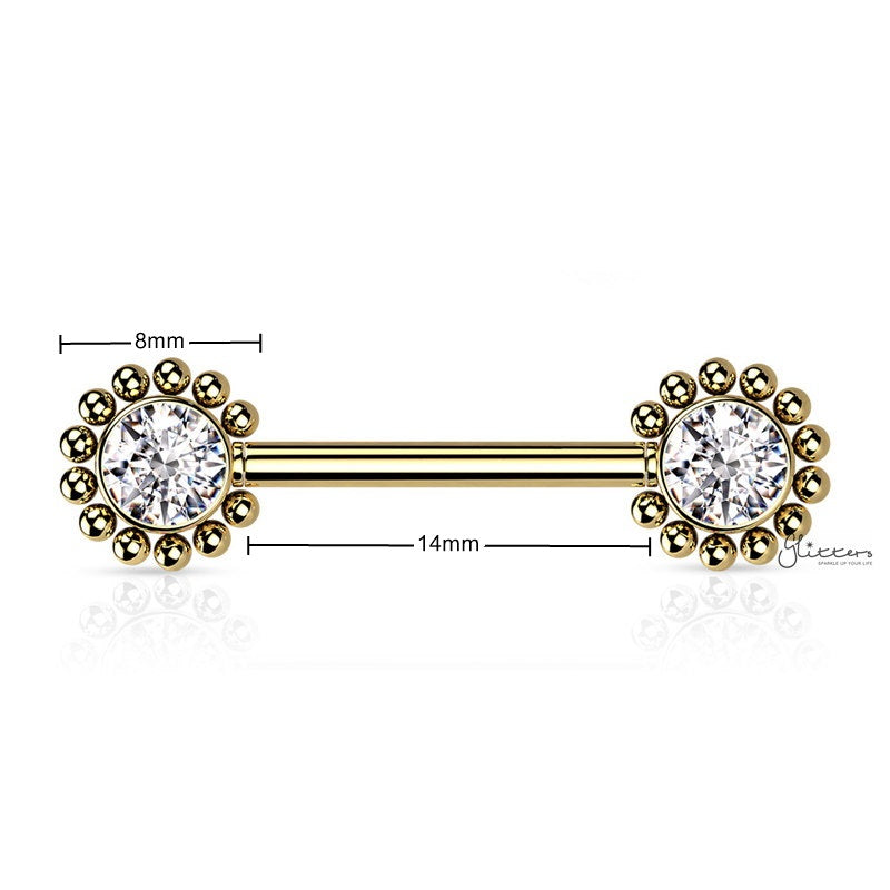 CZ and Beaded Ball Edge Push in Nipple Barbell - Gold-Body Piercing Jewellery, Cubic Zirconia, Nipple Barbell-NB0032-G1_New-Glitters