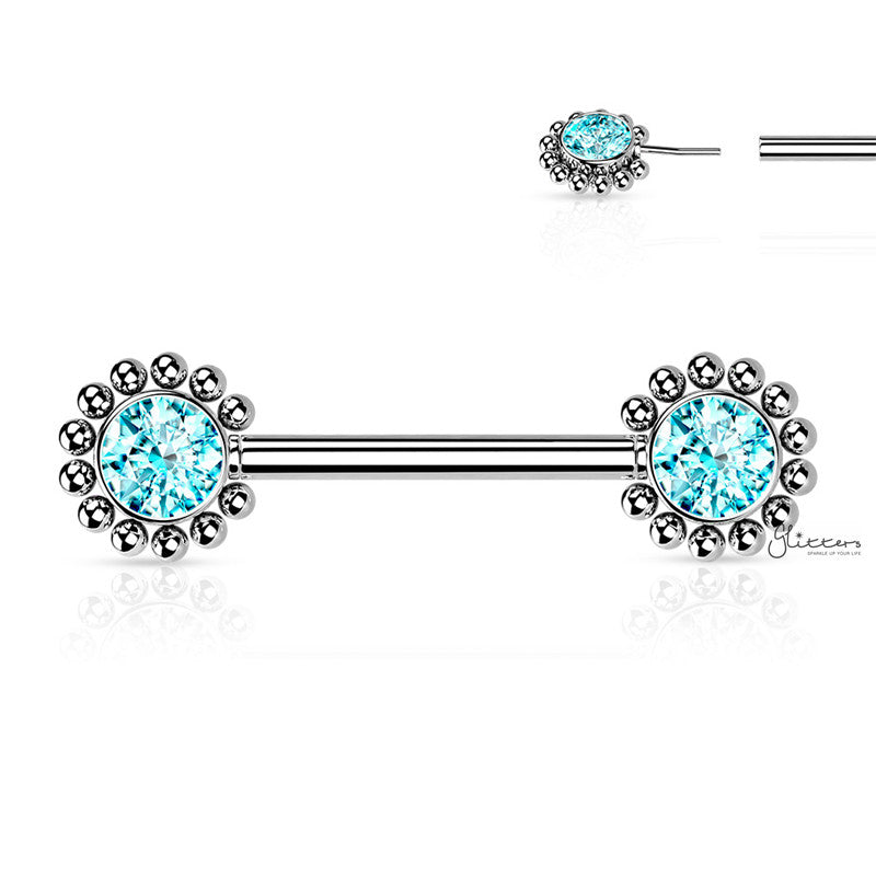 CZ and Beaded Ball Edge Push in Nipple Barbell - Aqua-Body Piercing Jewellery, Cubic Zirconia, Nipple Barbell-NB0032-Q-Glitters