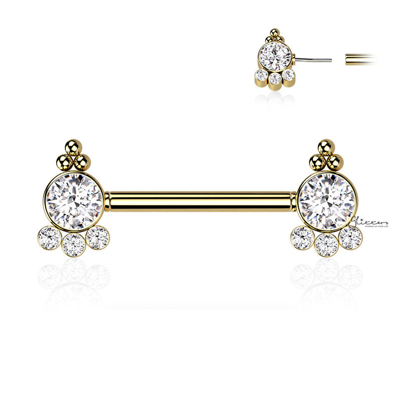 4 CZ and Ball Clusters Push in Nipple Barbell - Gold-Body Piercing Jewellery, Cubic Zirconia, Nipple Barbell-NB0033-G-Glitters